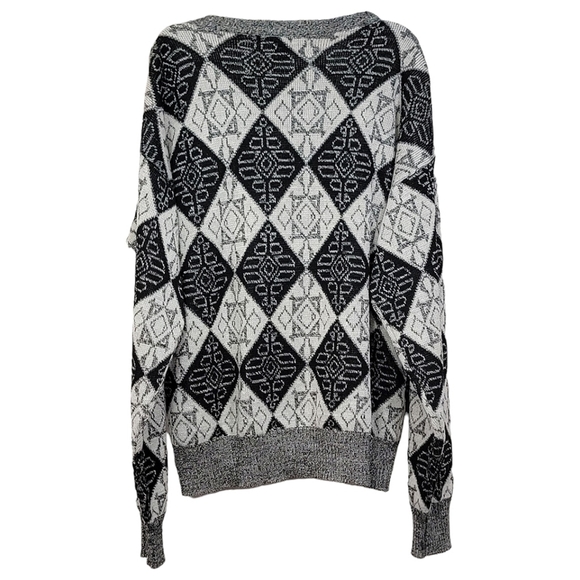 Vintage Argyle Patchwork Black White Long Sleeve Knit Pullover Men's Size Medium - Picture 6 of 8